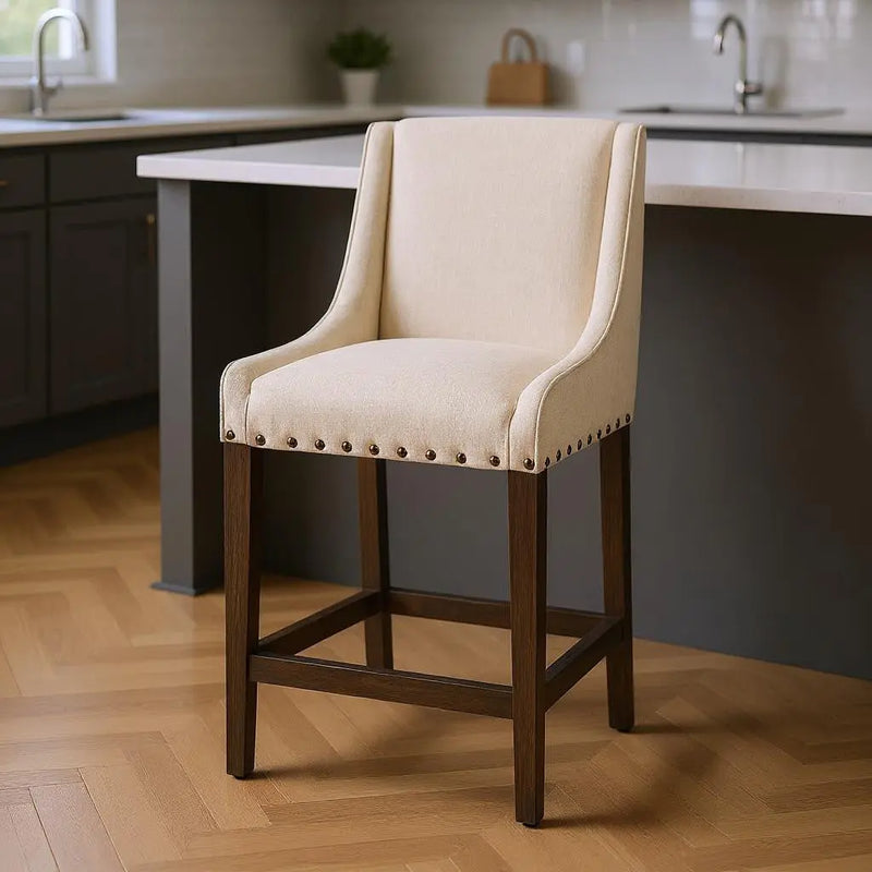 28" Cream and Brown Fabric and Solid Wood Counter Height Bar Chair Homeroots Living Room