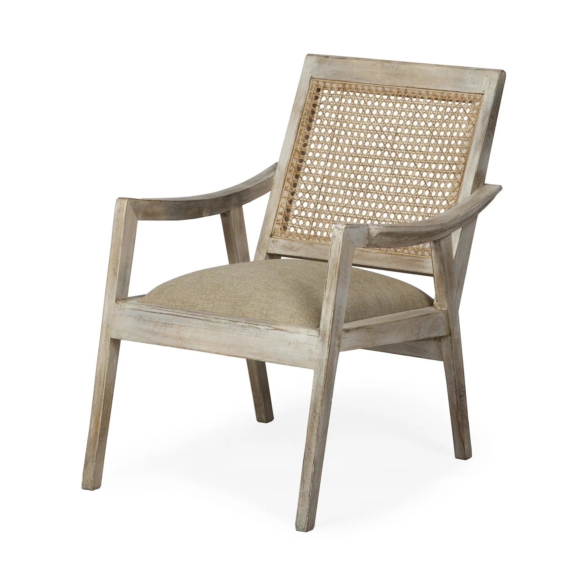 28" Cream and Natural Fabric Distressed Arm Chair - GreatEagleInc