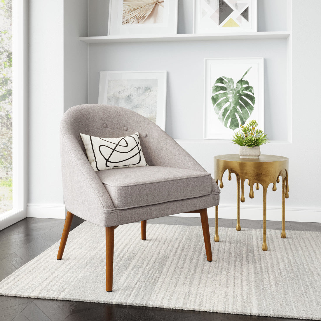 28" Gray And Brown Fabric And Upholstered Tufted Barrel Chair Homeroots Living Room