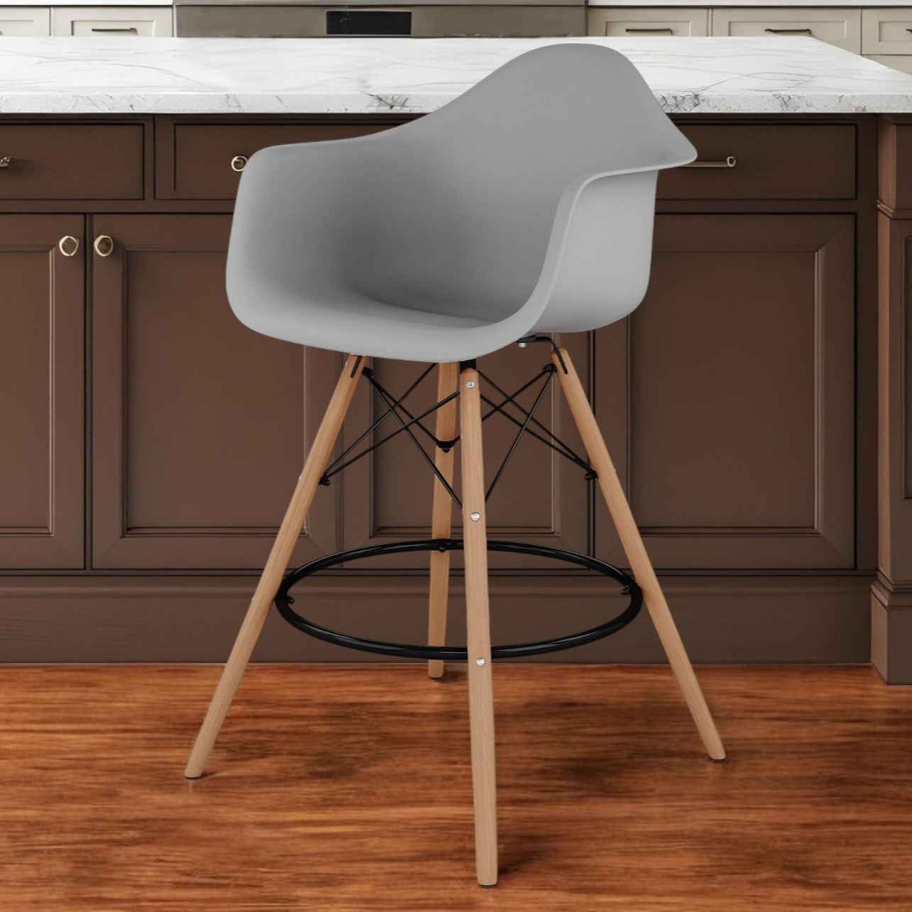 28" Gray And Brown Heavy Duty Plastic And Solid Wood Low Back Counter Height Bar Chair Homeroots Living Room