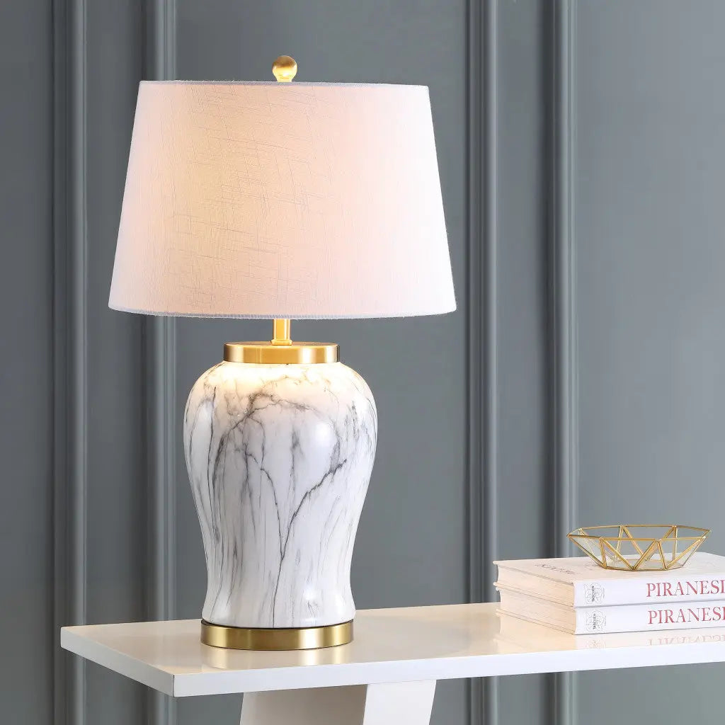 28" Gray White And Gold Urn Table Lamp With Empire Shade Homeroots Lighting