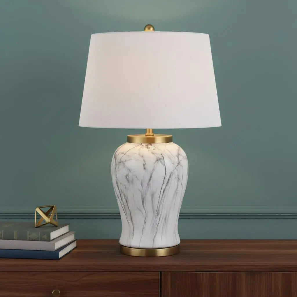 28" Gray White And Gold Urn Table Lamp With Empire Shade Homeroots Lighting