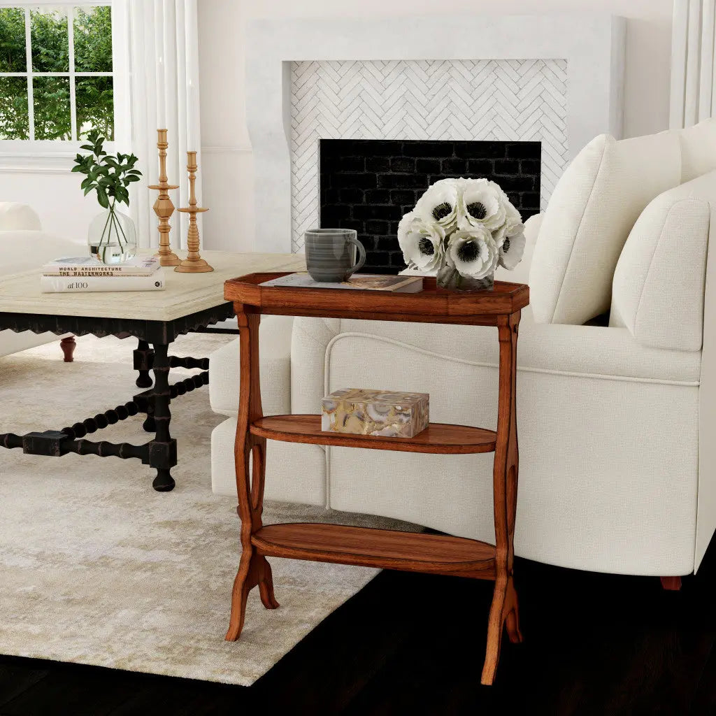 28" Medium Brown Manufactured Wood Octagon End Table With Two Shelves Homeroots Living Room
