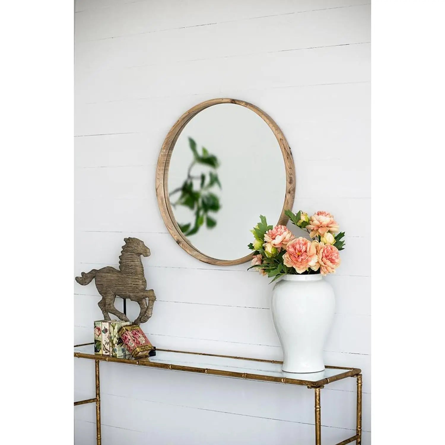 28" Natural Rustic Brown Wood Frame Round Wall Mounted Accent Mirror Homeroots Bed & Bath