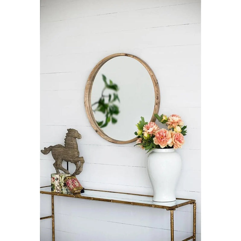 28" Natural Rustic Brown Wood Frame Round Wall Mounted Accent Mirror Homeroots Bed & Bath
