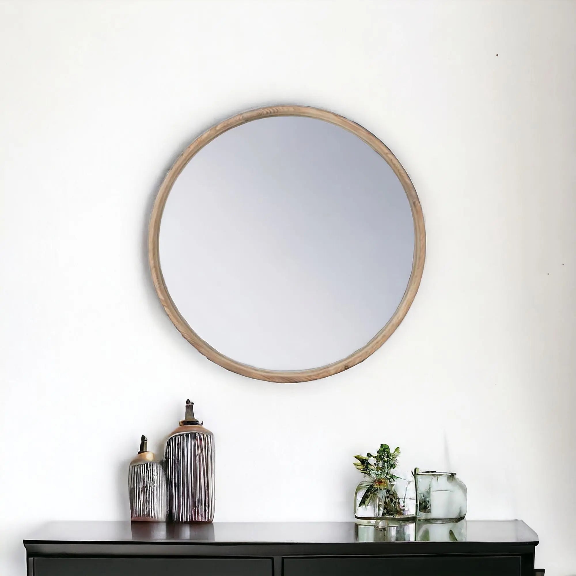 28" Natural Rustic Brown Wood Frame Round Wall Mounted Accent Mirror Homeroots Bed & Bath