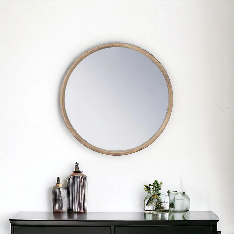 28" Natural Rustic Brown Wood Frame Round Wall Mounted Accent Mirror Homeroots Bed & Bath