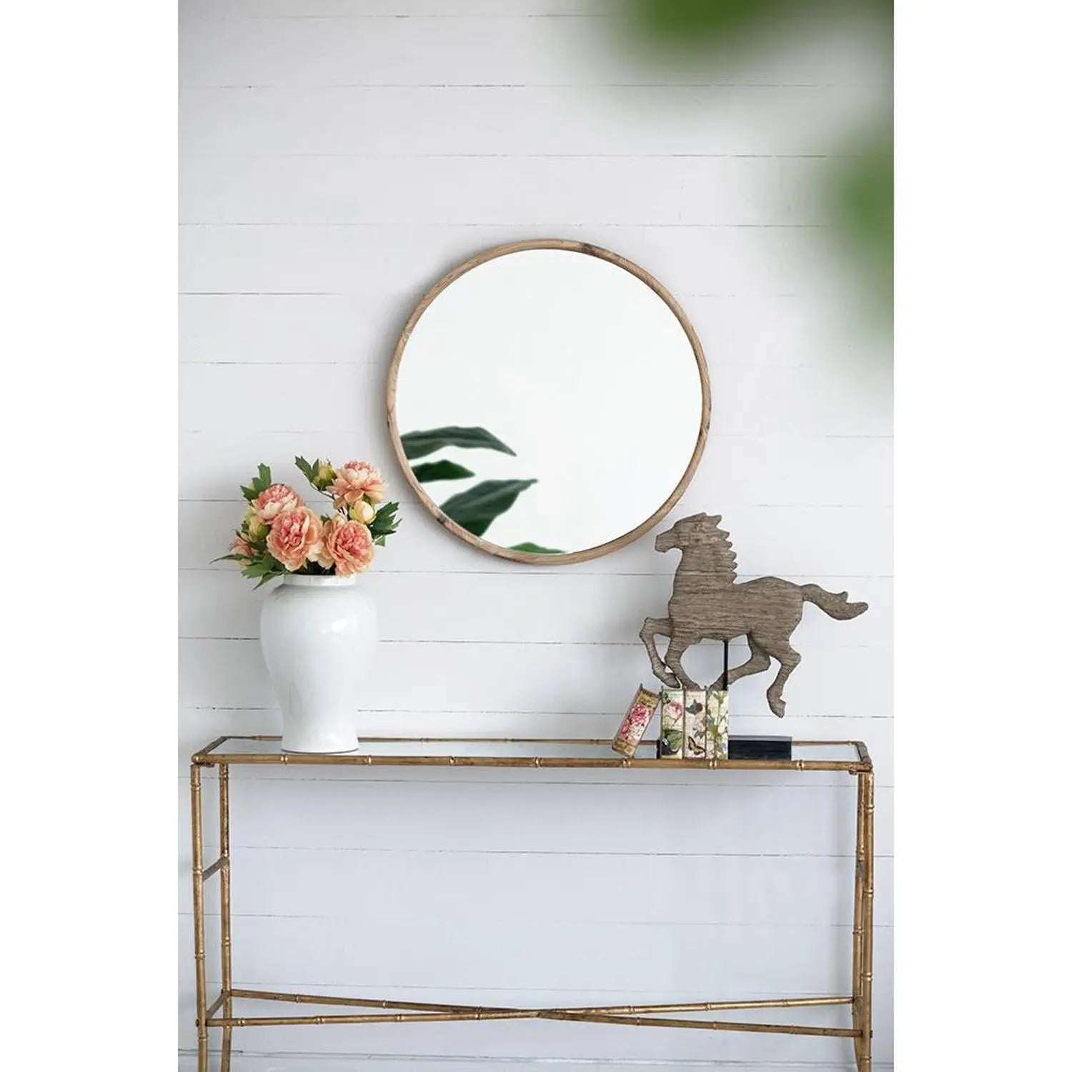 28" Natural Rustic Brown Wood Frame Round Wall Mounted Accent Mirror Homeroots Bed & Bath
