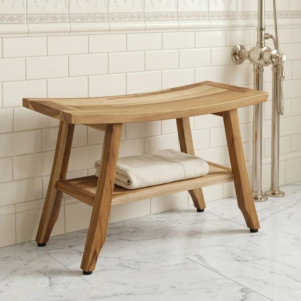 28" Natural Solid Teak Rectangular Shower Bench With Shelf Homeroots Bed & Bath