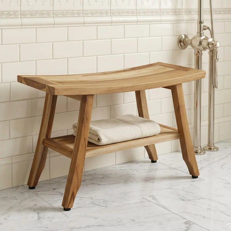28" Natural Solid Teak Rectangular Shower Bench With Shelf Homeroots Bed & Bath