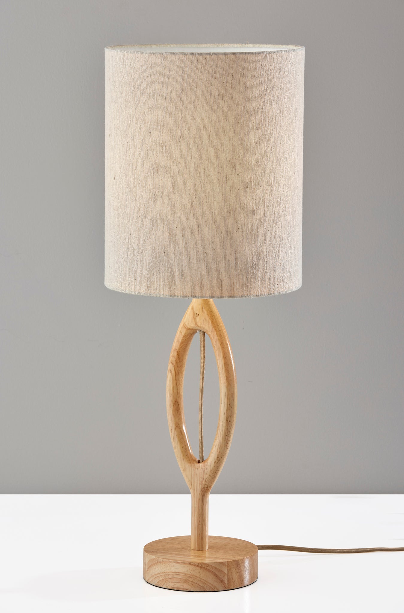 28" Natural Solid Wood Round Table Lamp With Beige Drum Shade - GreatEagleInc