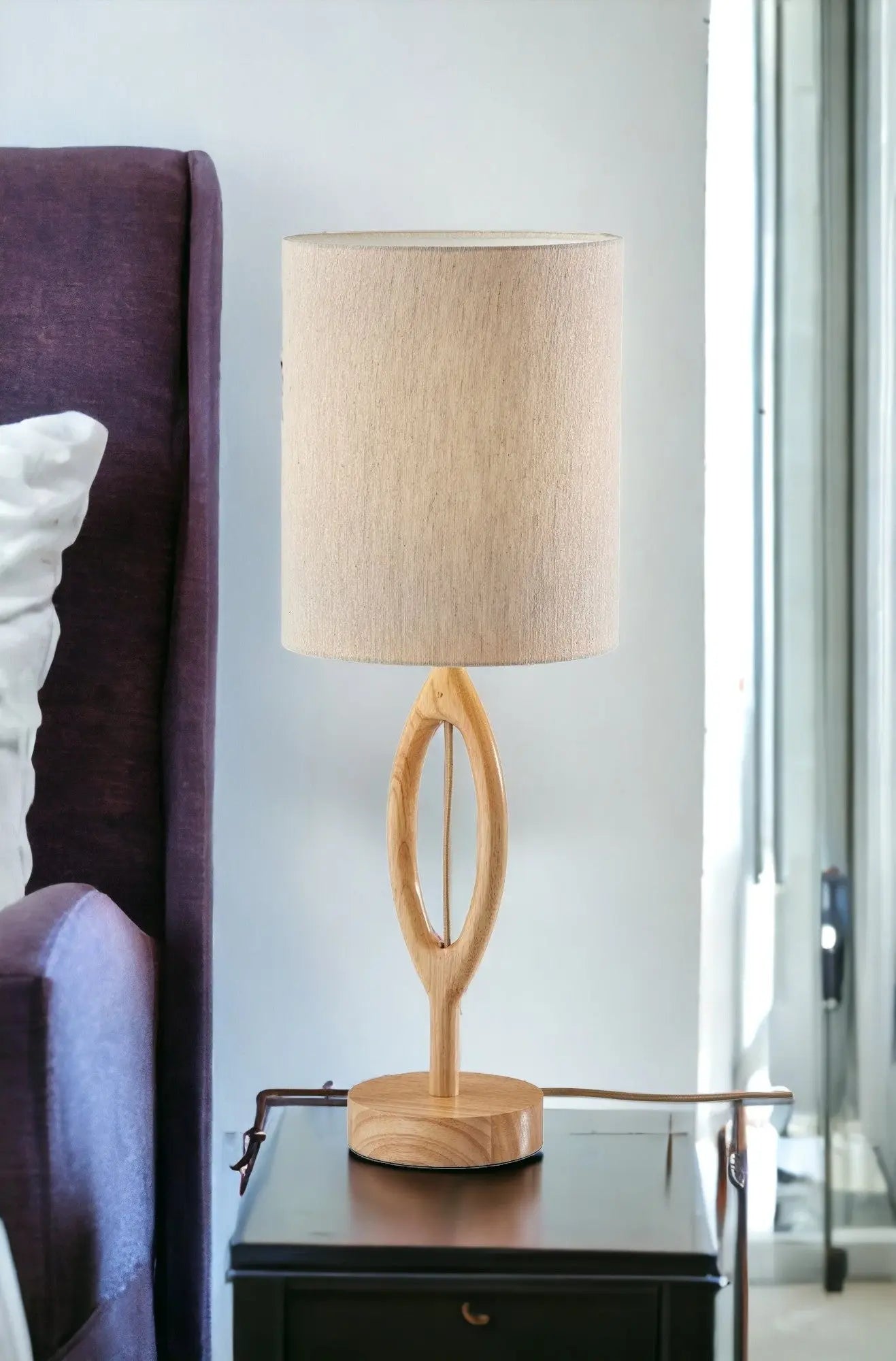 28" Natural Solid Wood Round Table Lamp With Beige Drum Shade - GreatEagleInc