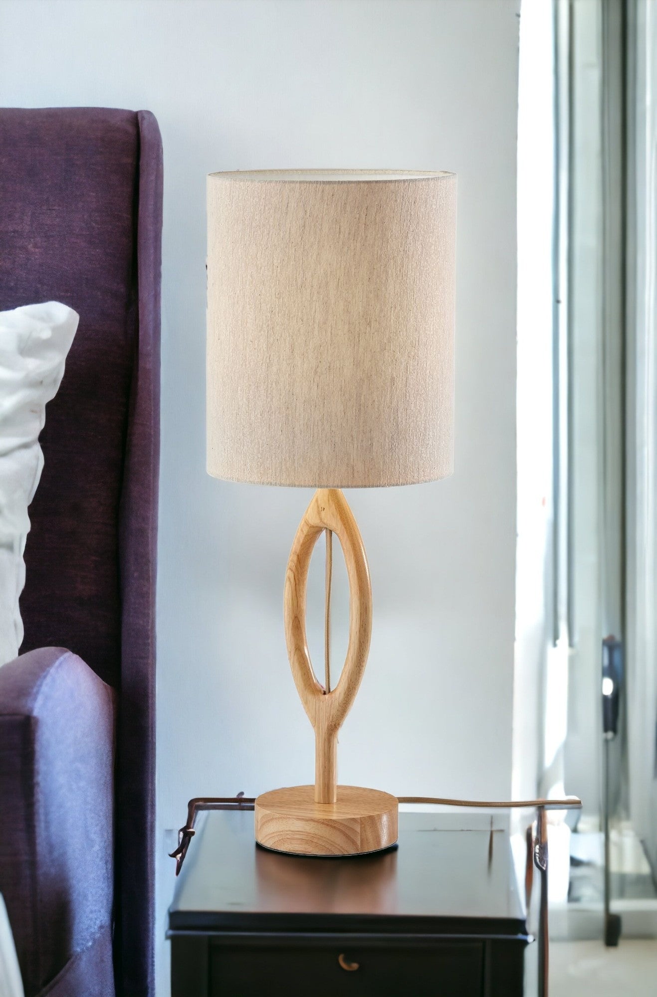 28" Natural Solid Wood Round Table Lamp With Beige Drum Shade - GreatEagleInc