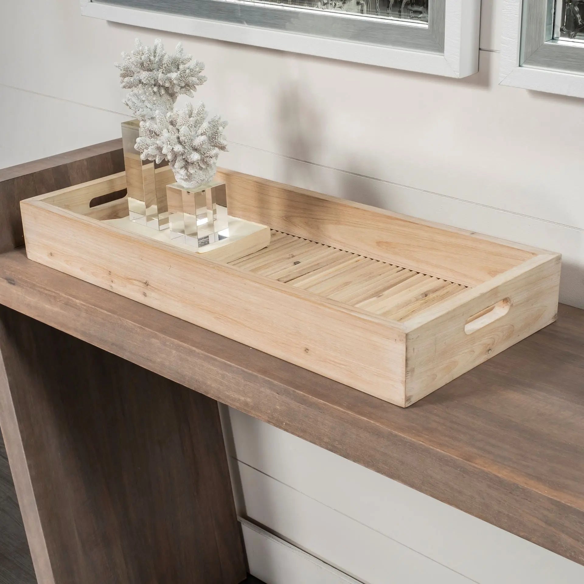 28" Natural Wood Indoor Outdoor Tray With Handles Homeroots Kitchen & Dining