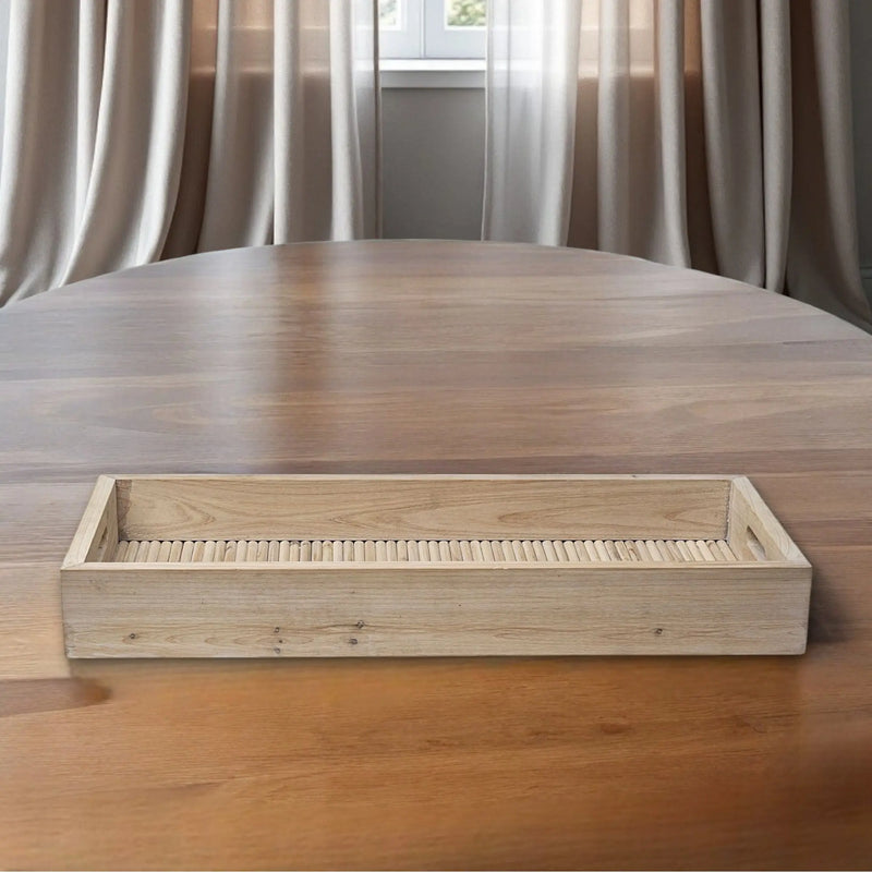 28" Natural Wood Indoor Outdoor Tray With Handles Homeroots Kitchen & Dining