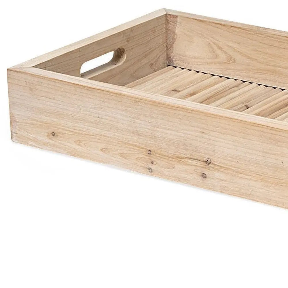 28" Natural Wood Indoor Outdoor Tray With Handles Homeroots Kitchen & Dining