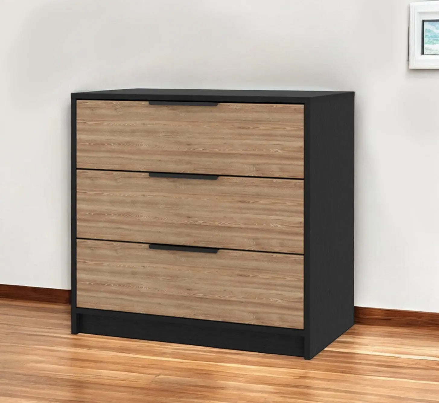 28" Natural and Black Three Drawer Dresser Homeroots Bed & Bath