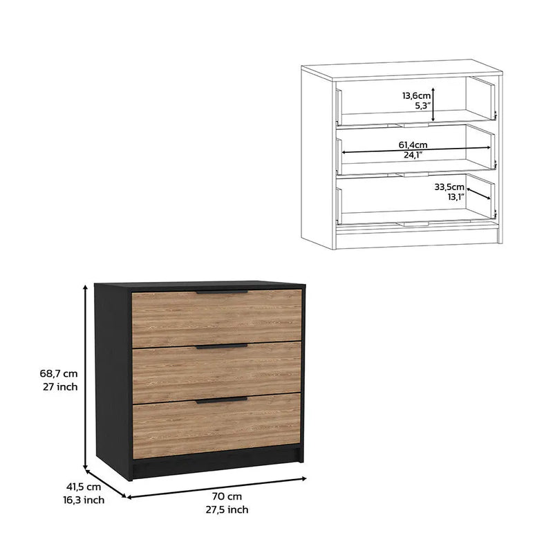 28" Natural and Black Three Drawer Dresser Homeroots Bed & Bath