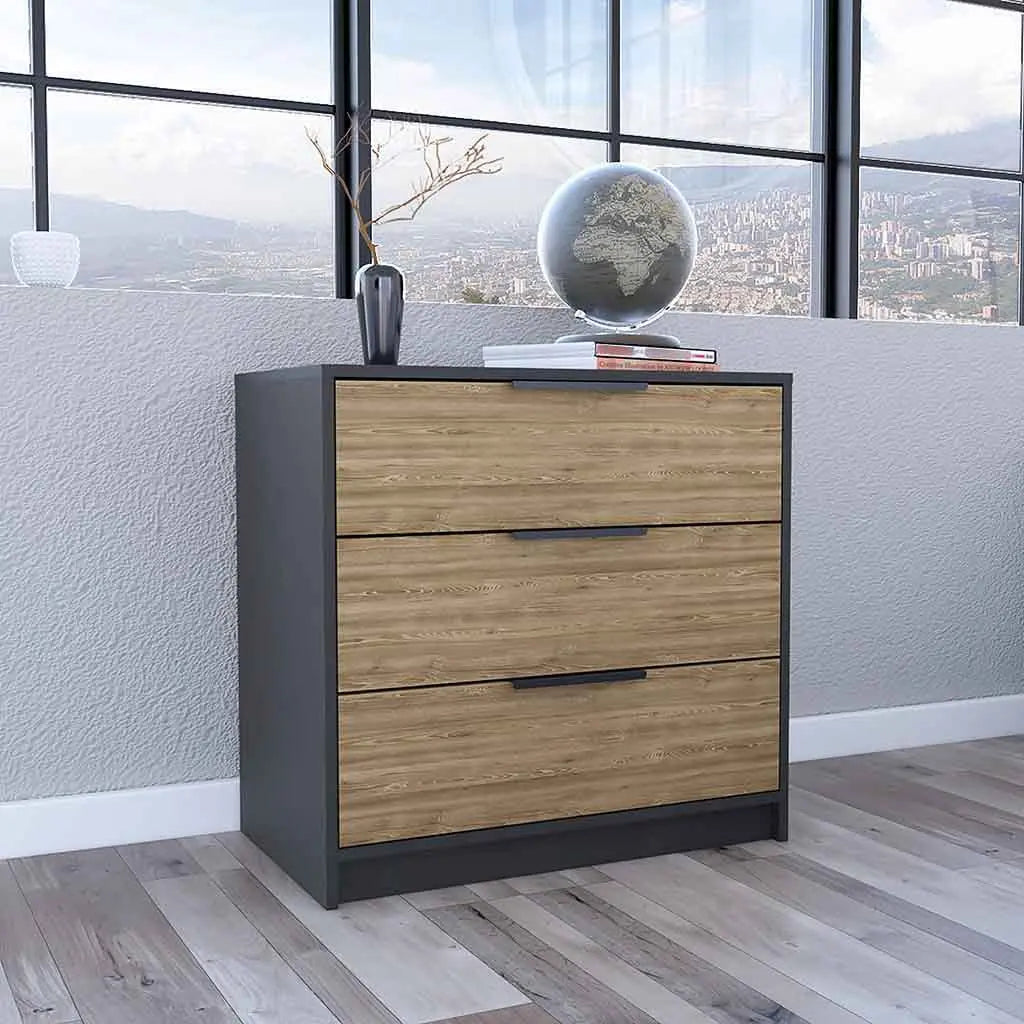28" Natural and Black Three Drawer Dresser Homeroots Bed & Bath