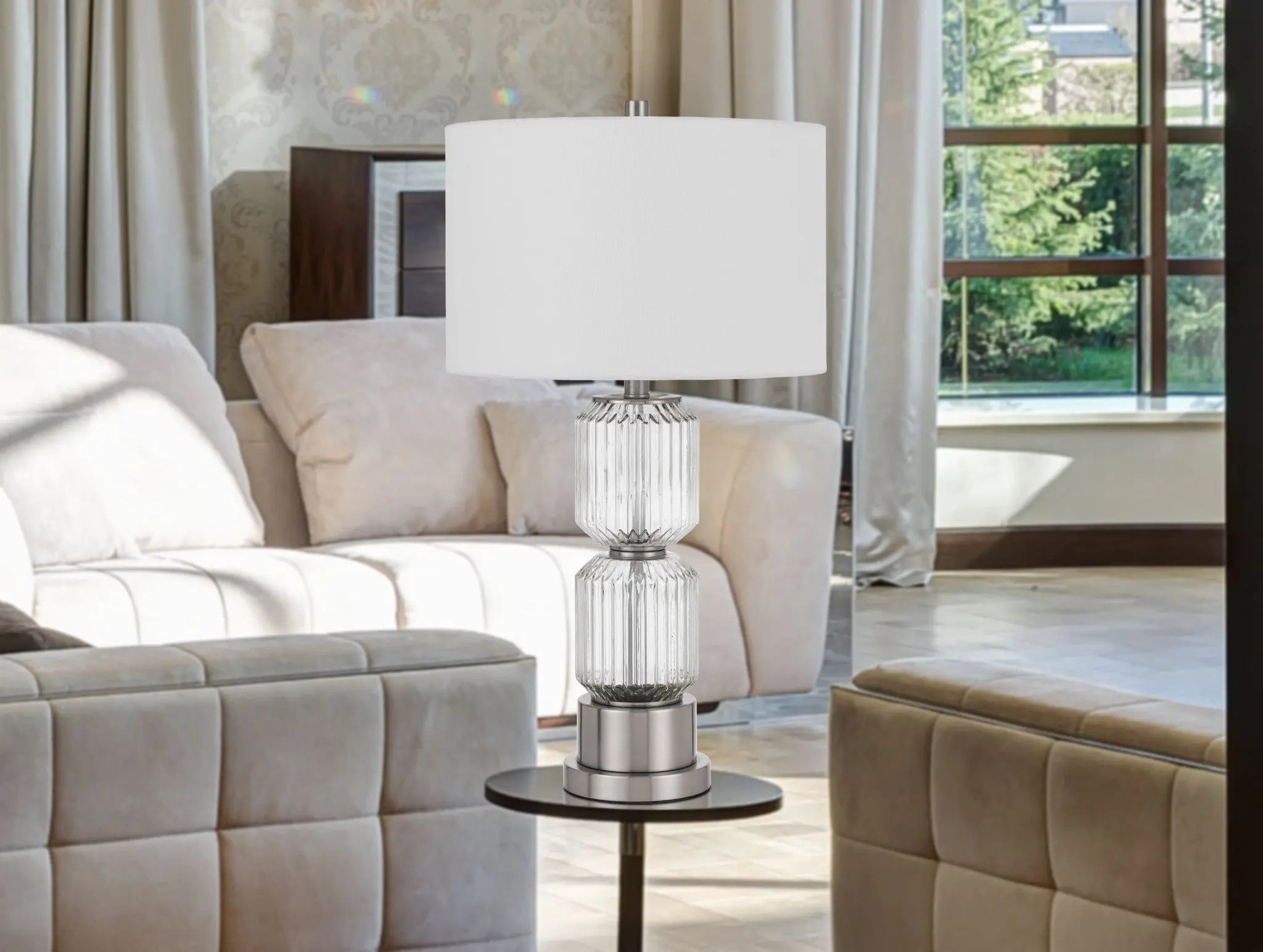 28" Nickel Metal Table Lamp With White Drum Shade Homeroots Lighting