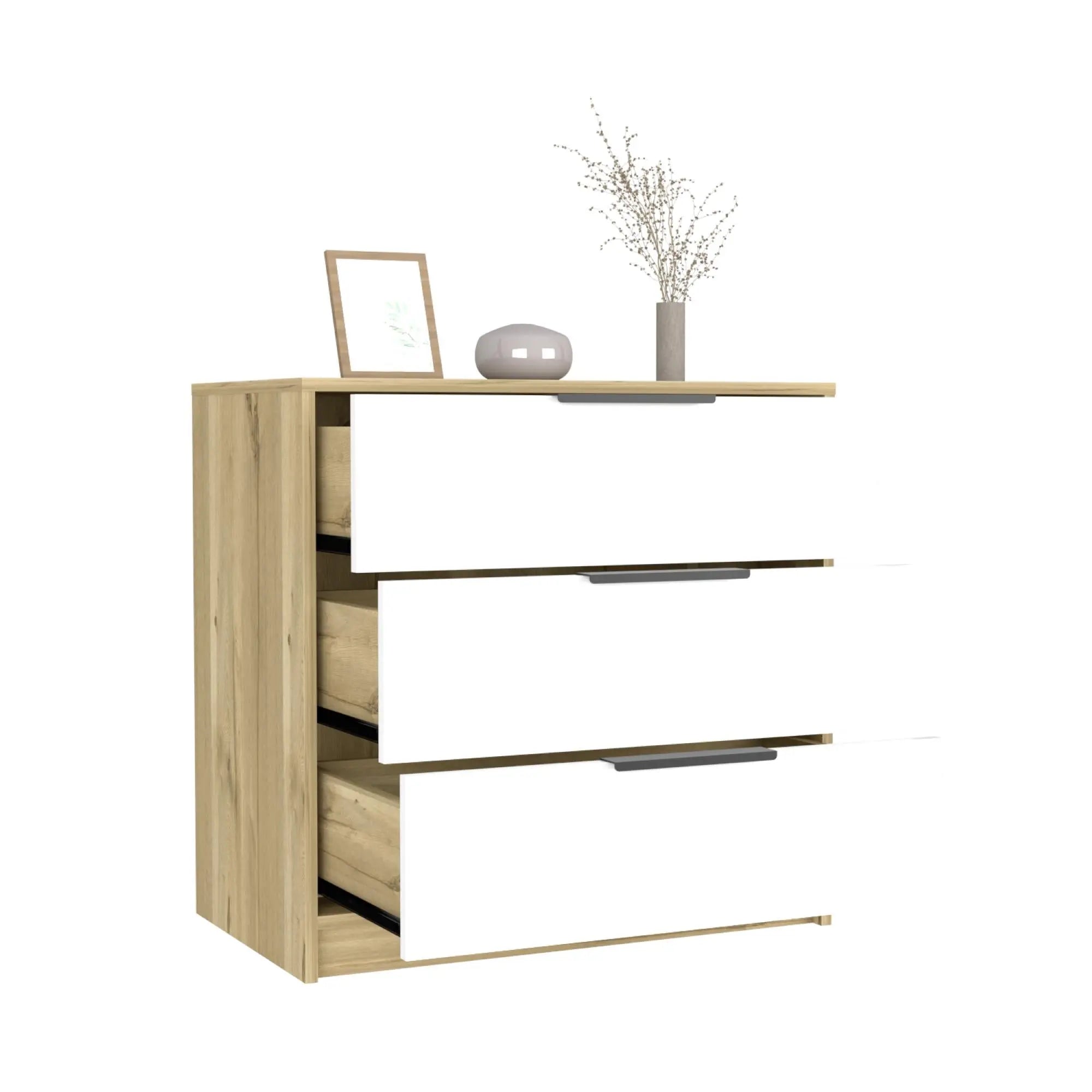 28" Oak And White Wood Three Drawer Dresser Homeroots Bed & Bath