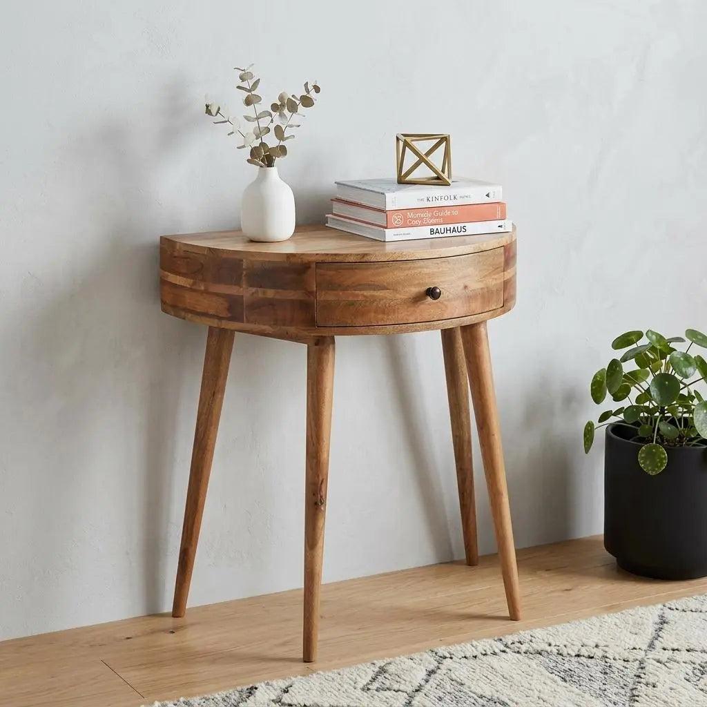 28" Oak and Natural Solid Wood Half Moon Console Table With Drawer Homeroots Living Room