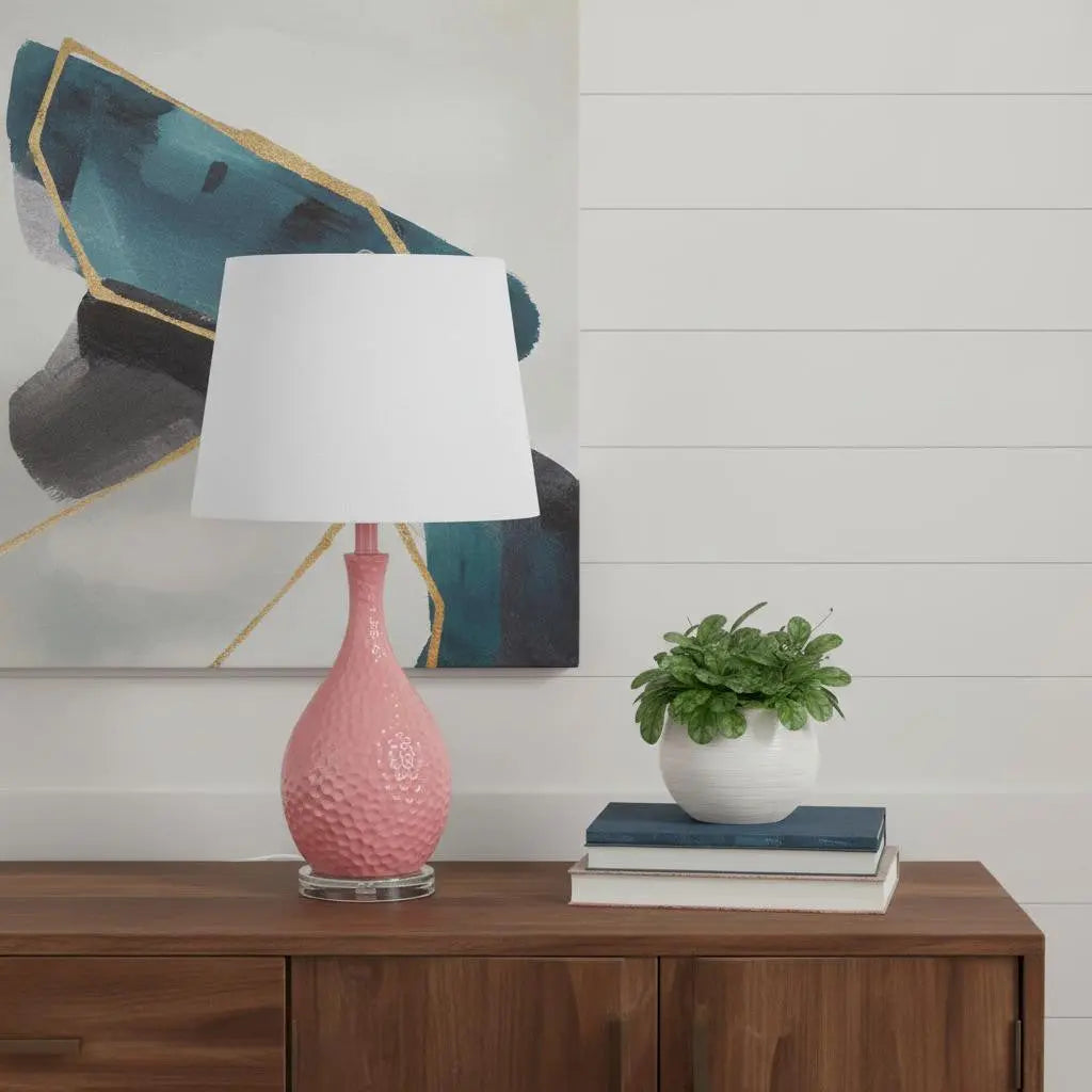 28" Pink Hammered Urn Table Lamp With White Tapered Drum Shade Homeroots Lighting