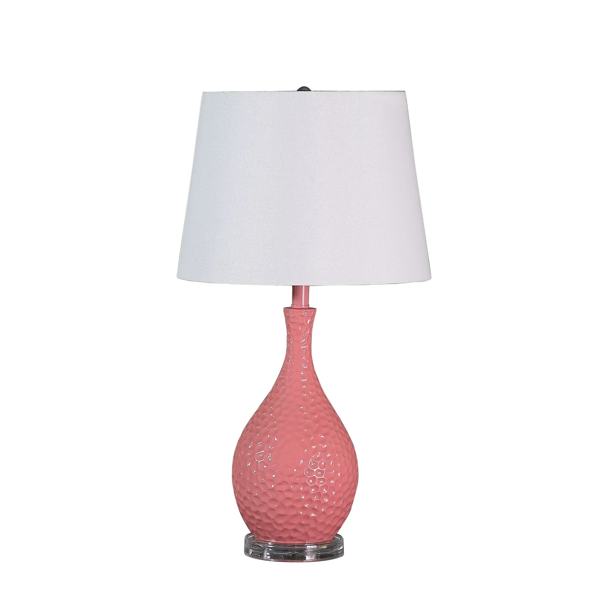28" Pink Hammered Urn Table Lamp With White Tapered Drum Shade Homeroots Lighting