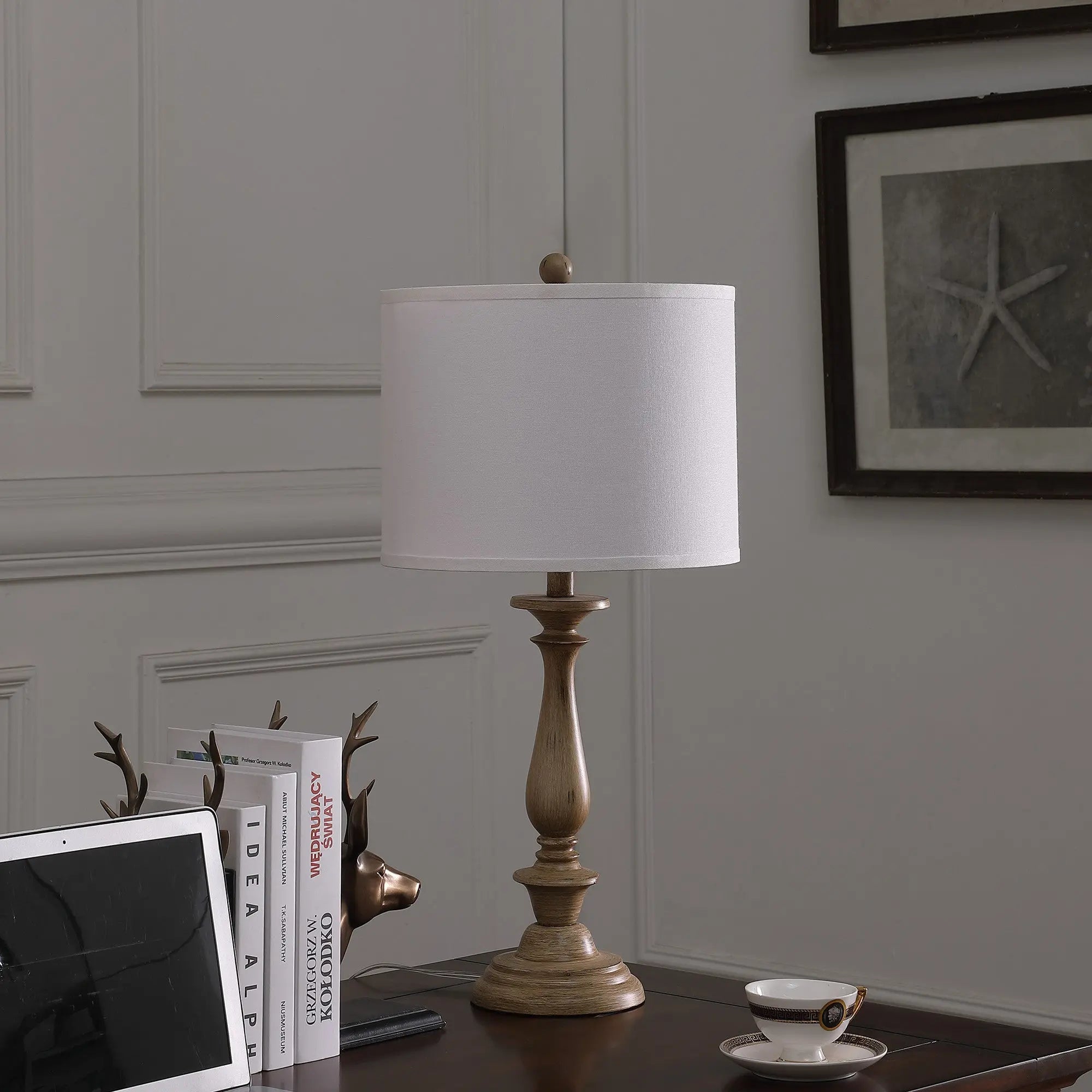 28" Rustic Taupe Cream Candlestick Table Lamp With White Shade Homeroots Lighting