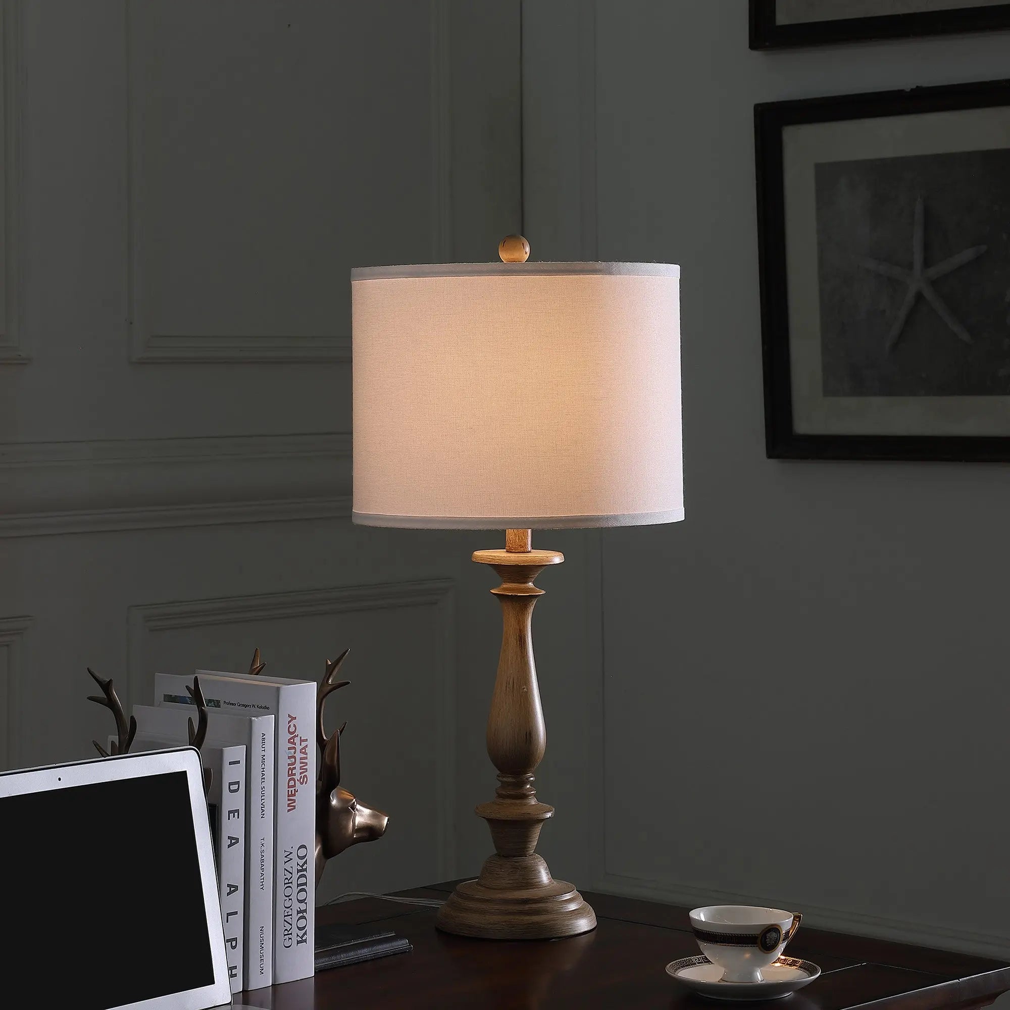 28" Rustic Taupe Cream Candlestick Table Lamp With White Shade Homeroots Lighting