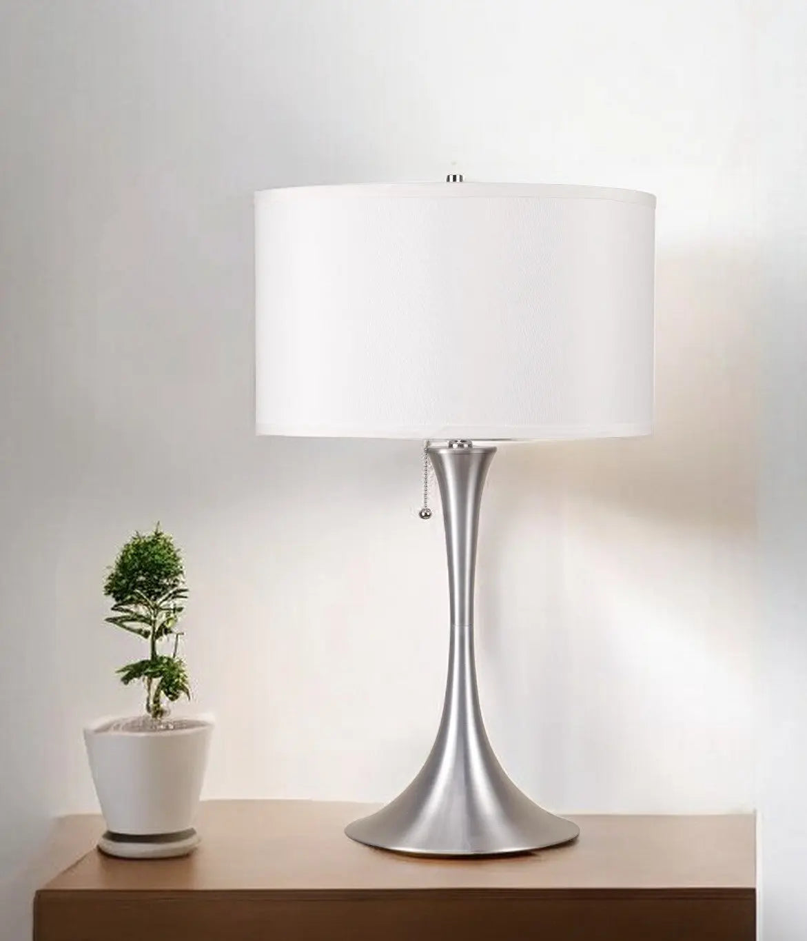 28" Silver Metal Bedside Table Lamp With White Shade Homeroots Lighting