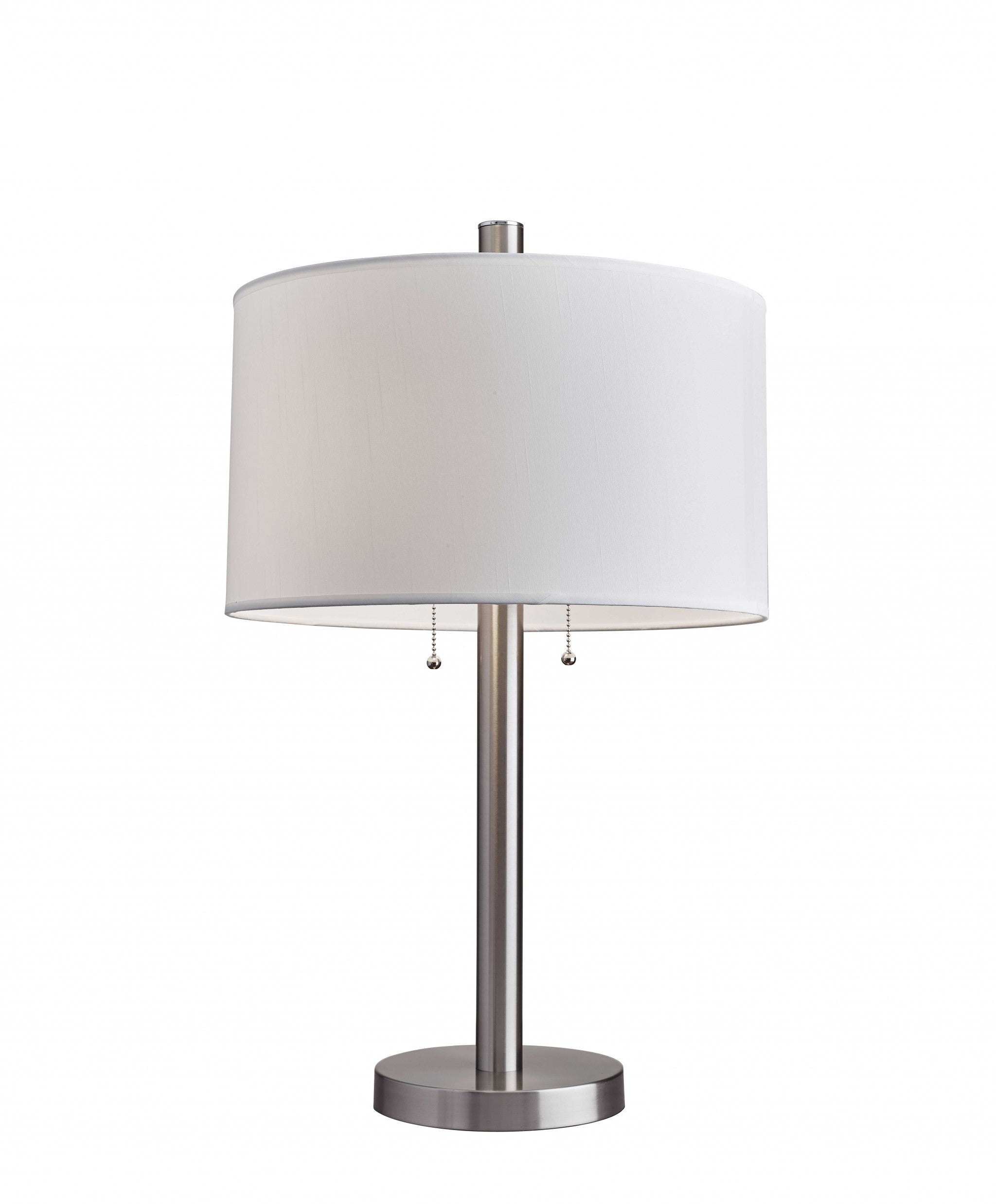 28" Silver Metal Two Light Bedside Table Lamp With White Drum Shade - GreatEagleInc