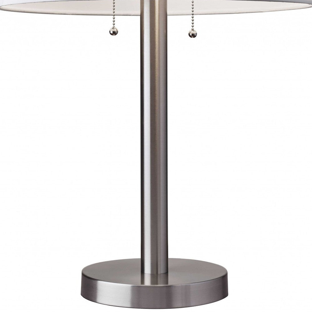 28" Silver Metal Two Light Bedside Table Lamp With White Drum Shade - GreatEagleInc