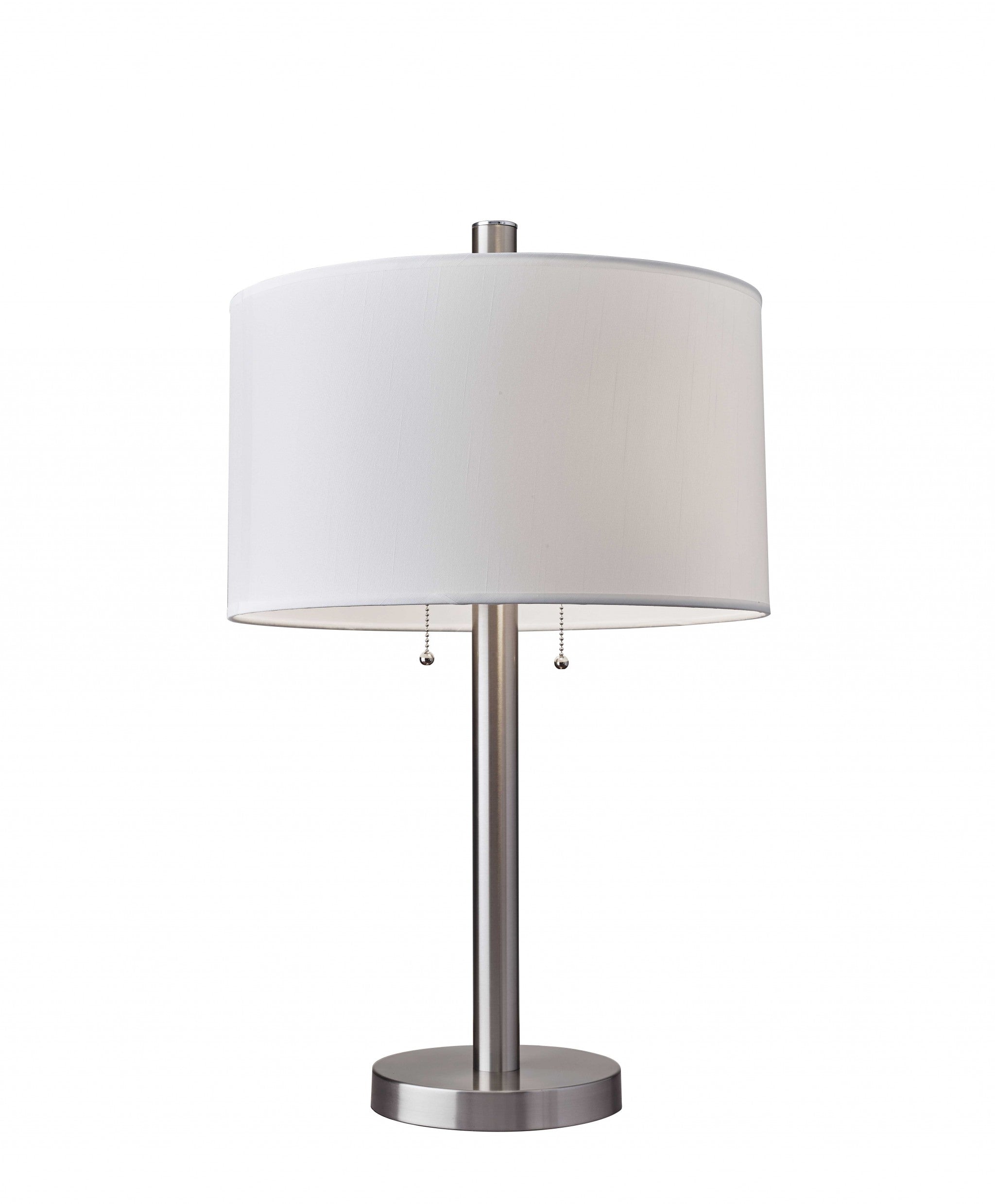 28" Silver Metal Two Light Bedside Table Lamp With White Drum Shade - GreatEagleInc