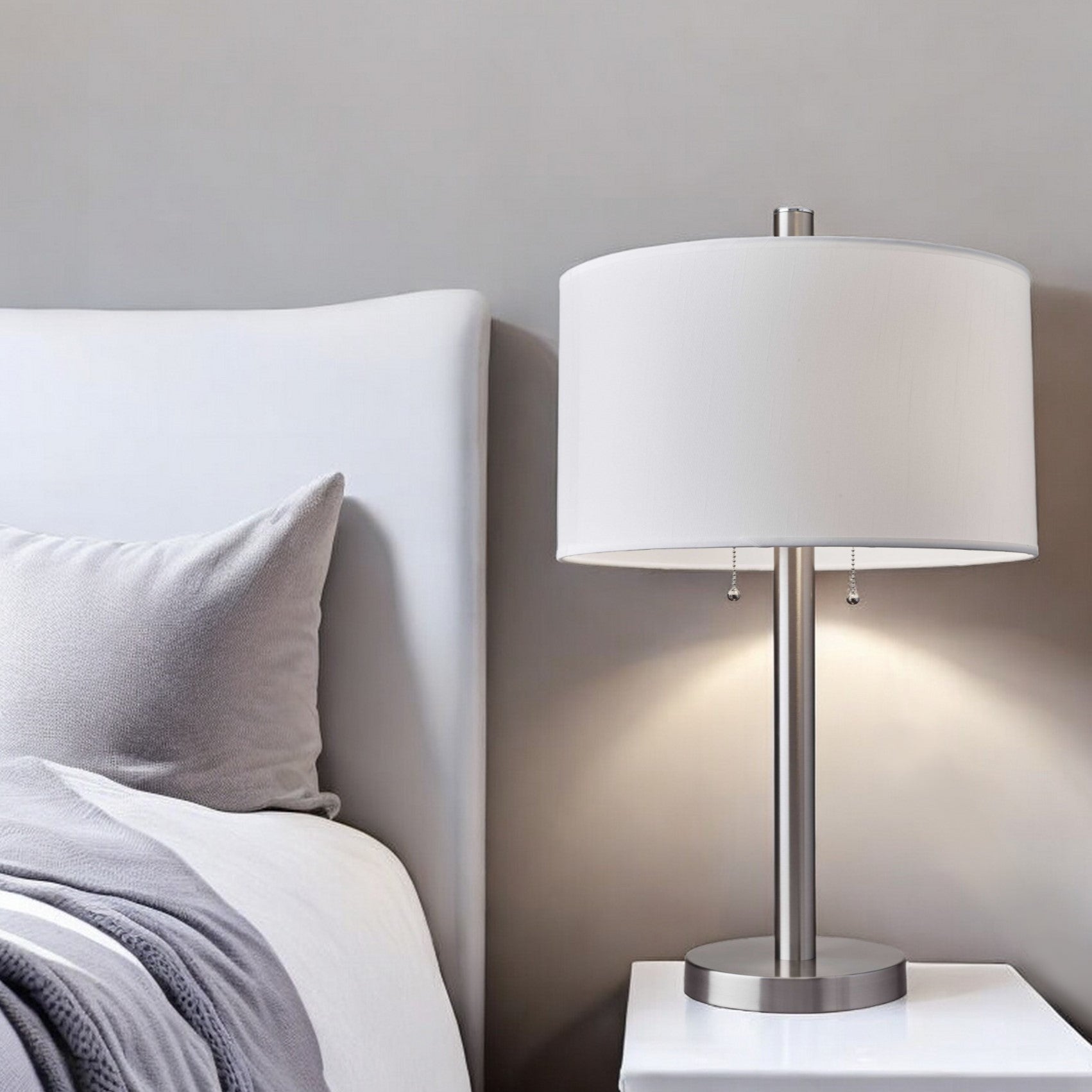 28" Silver Metal Two Light Bedside Table Lamp With White Drum Shade - GreatEagleInc