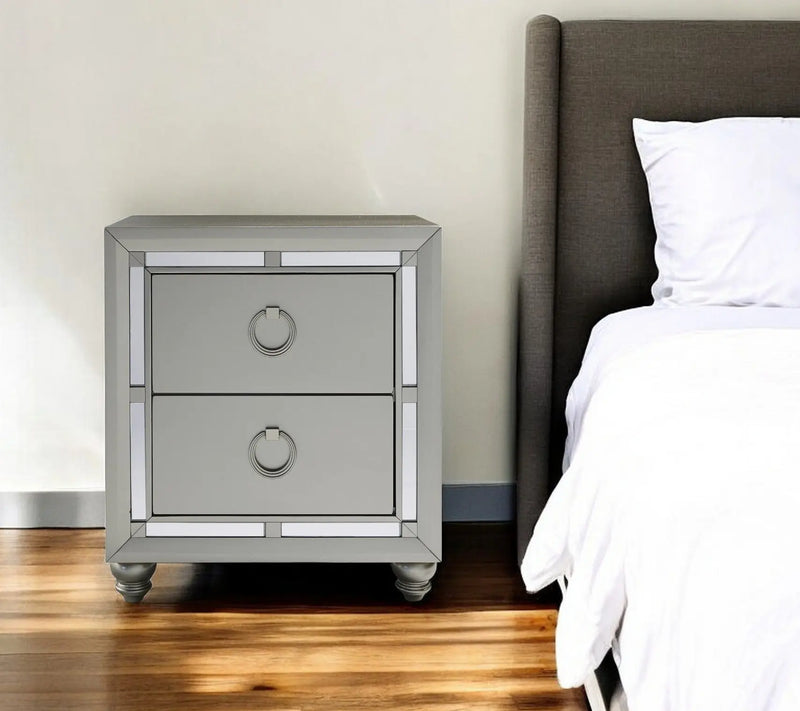 28" Solid and Manufactured Wood And Mirrored Glass Nightstand Homeroots Bed & Bath