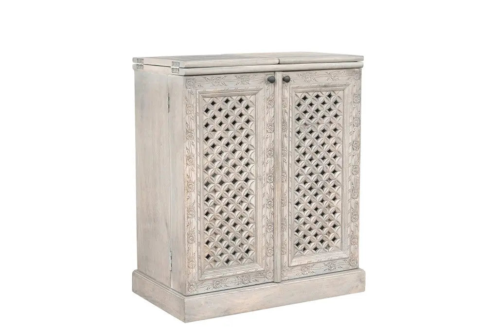 28" White Solid Wood Carved Floral Bar Cabinet With Two Doors And One Drawer Homeroots Kitchen & Dining