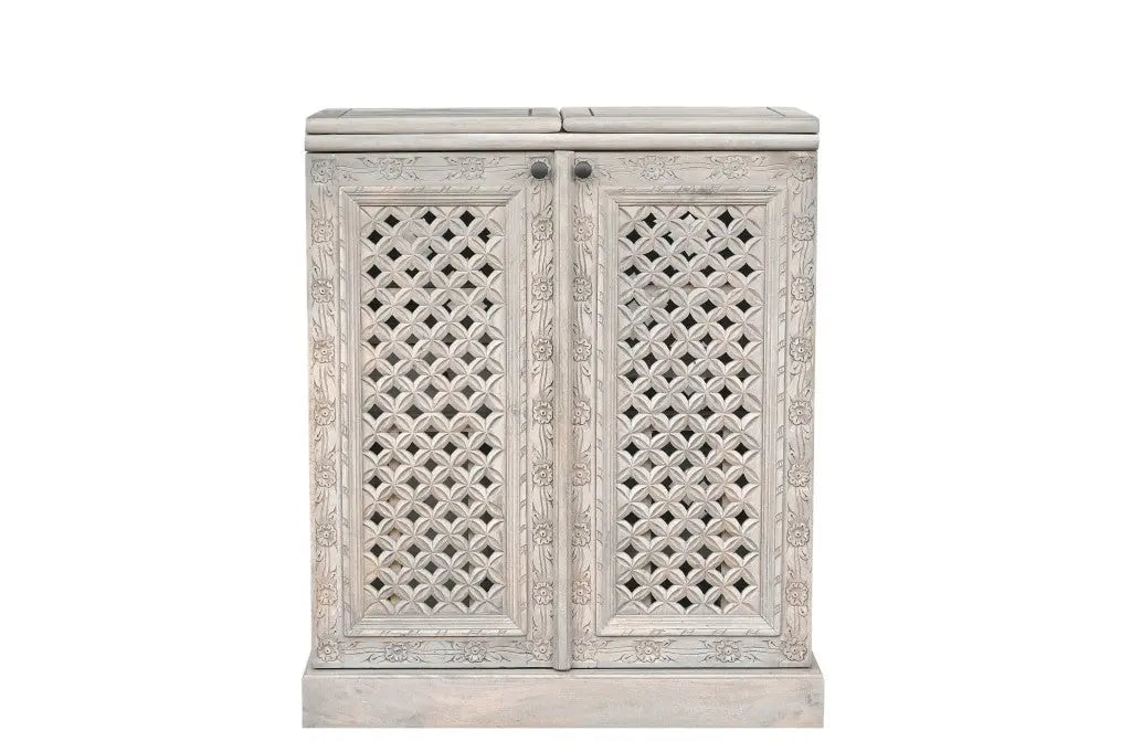 28" White Solid Wood Carved Floral Bar Cabinet With Two Doors And One Drawer Homeroots Kitchen & Dining