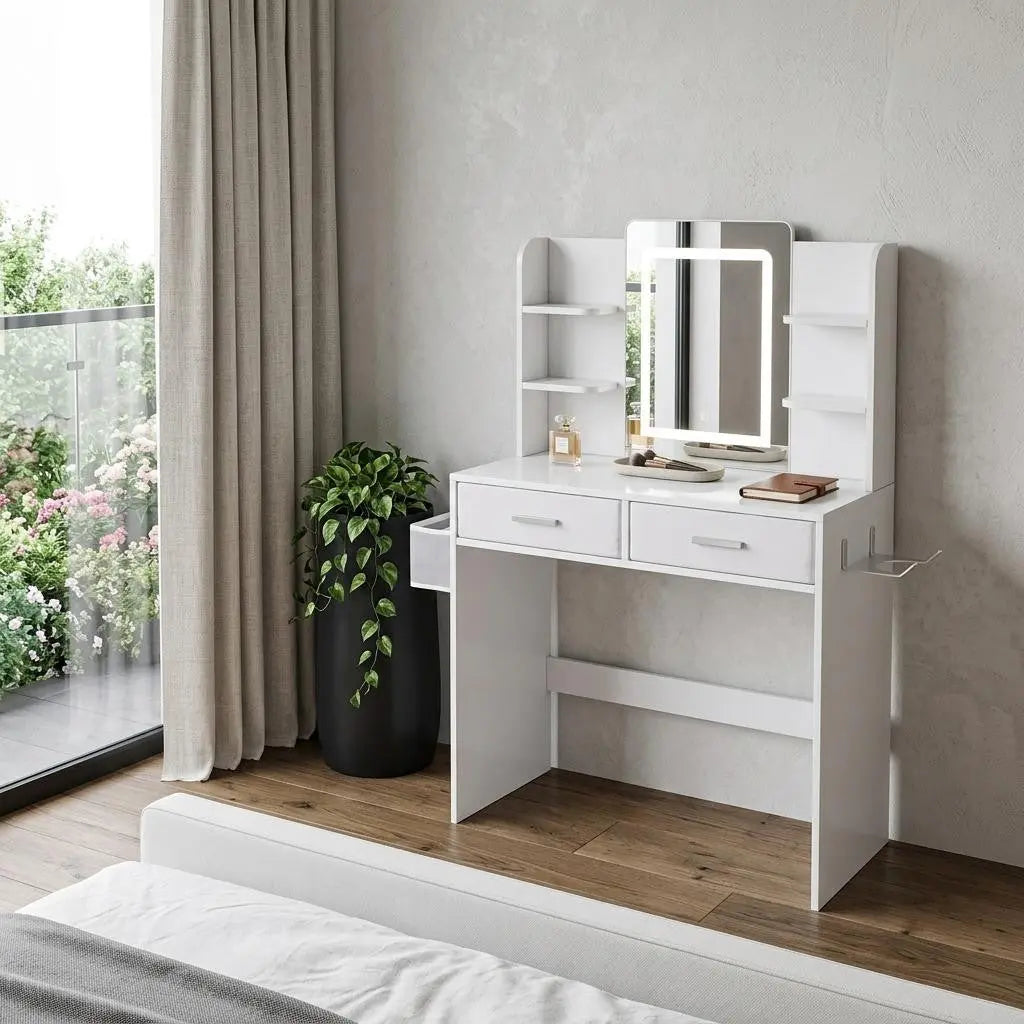 28" White Wood Mirrored Two Drawer Vanity Table And Lights Homeroots Living Room