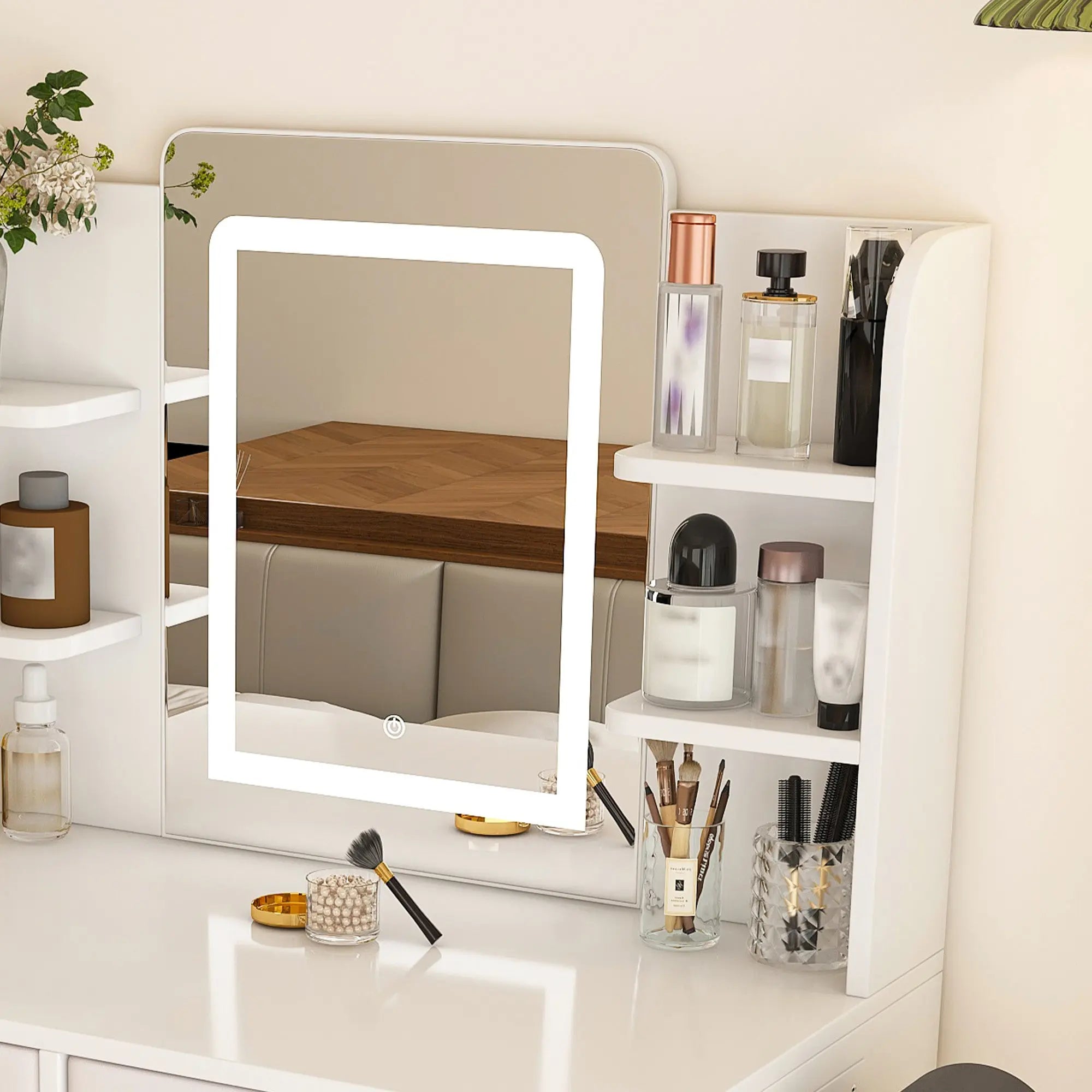 28" White Wood Mirrored Two Drawer Vanity Table And Lights Homeroots Living Room