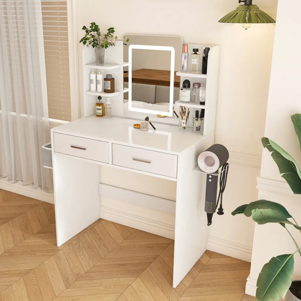 28" White Wood Mirrored Two Drawer Vanity Table And Lights Homeroots Living Room