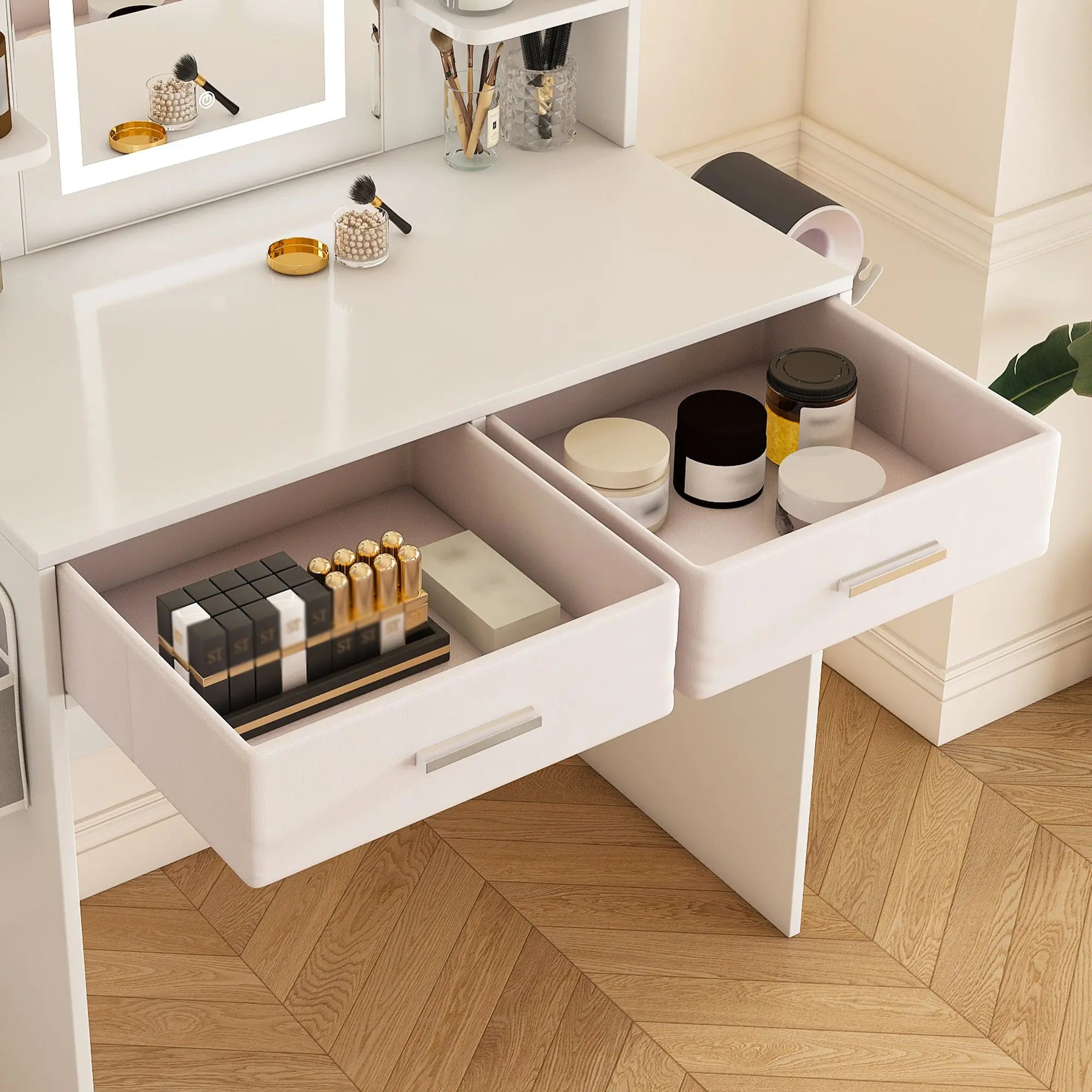 28" White Wood Mirrored Two Drawer Vanity Table And Lights Homeroots Living Room