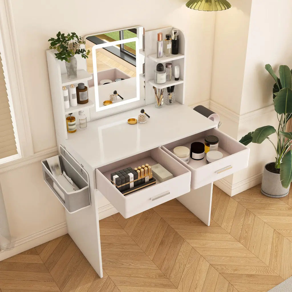 28" White Wood Mirrored Two Drawer Vanity Table And Lights Homeroots Living Room