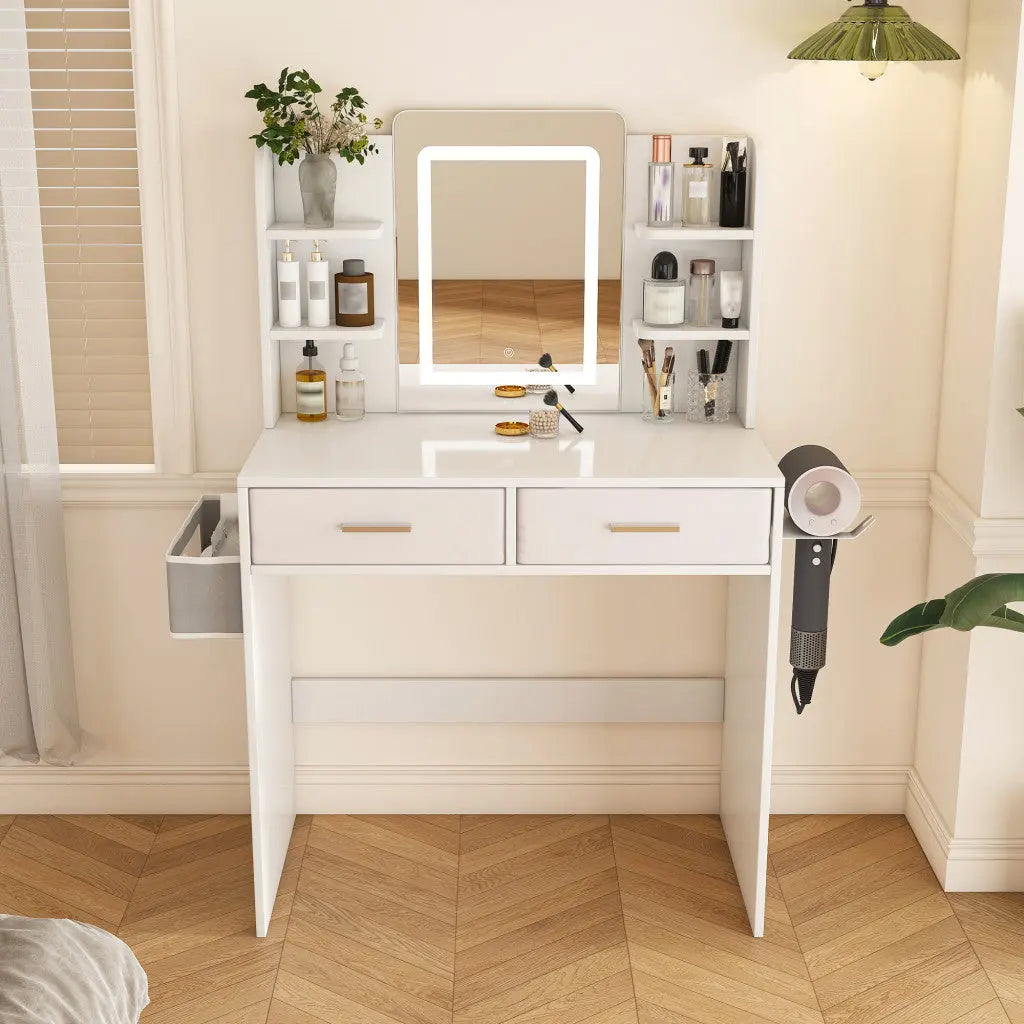 28" White Wood Mirrored Two Drawer Vanity Table And Lights Homeroots Living Room
