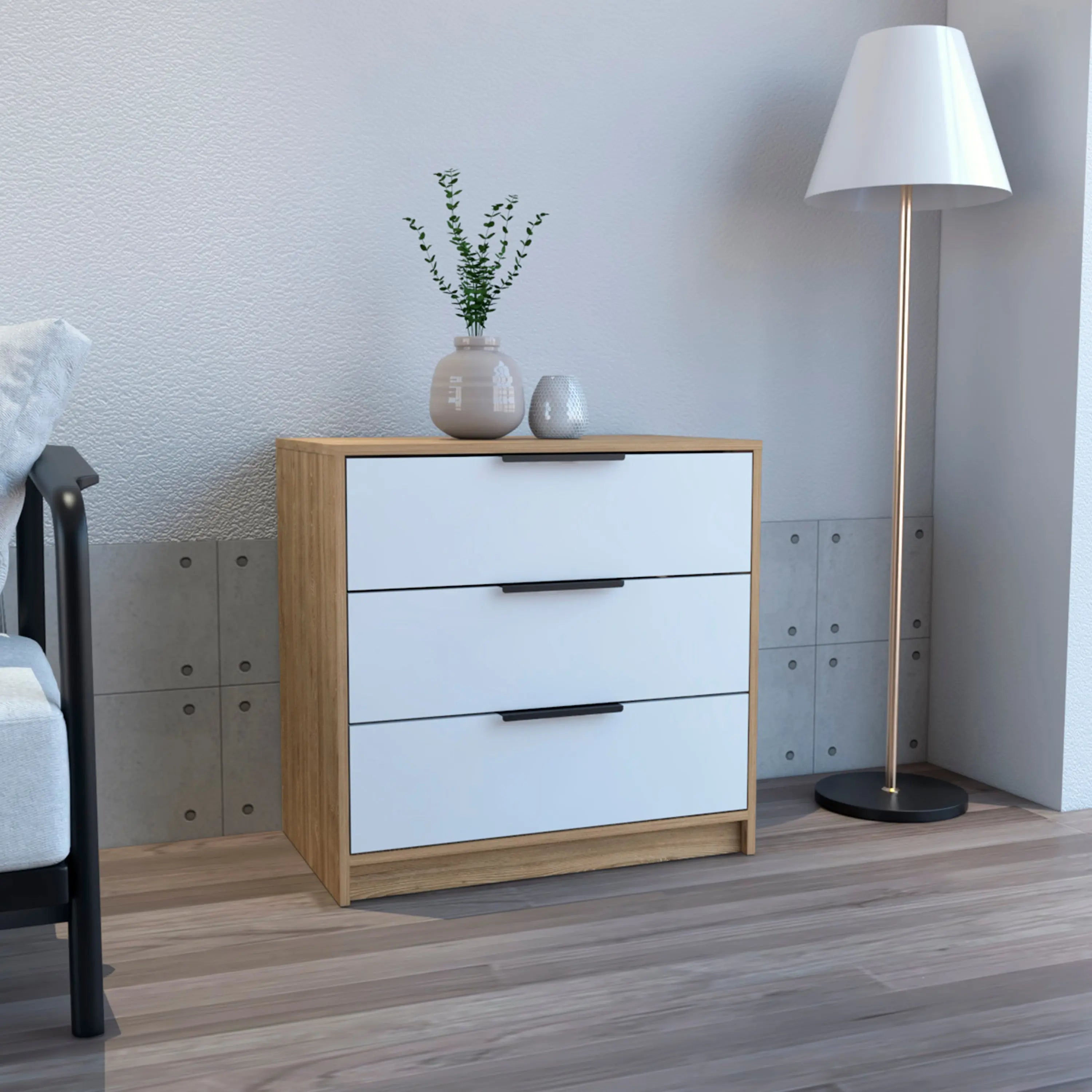 28" White and Natural Three Drawer Dresser Homeroots Bed & Bath