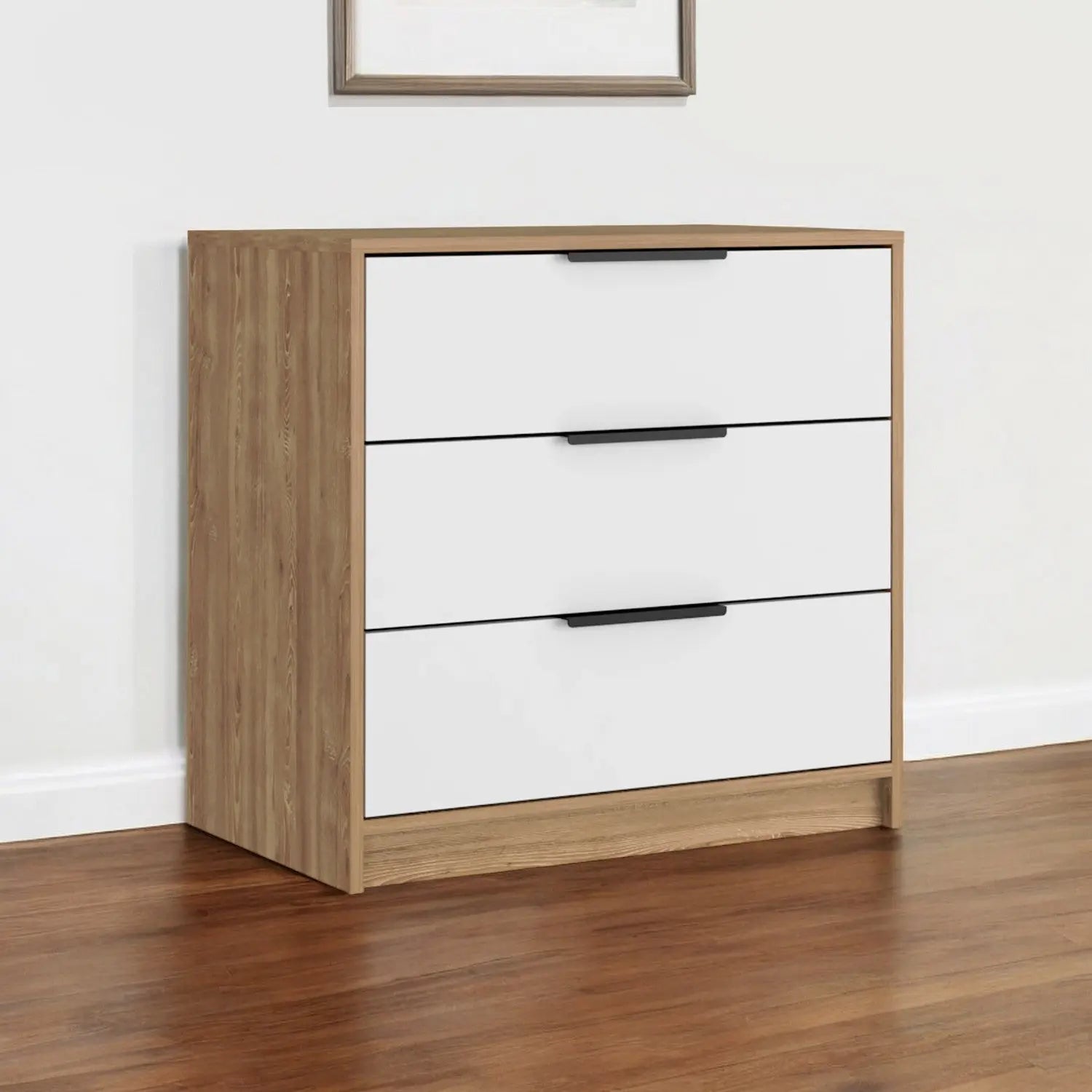 28" White and Natural Three Drawer Dresser Homeroots Bed & Bath