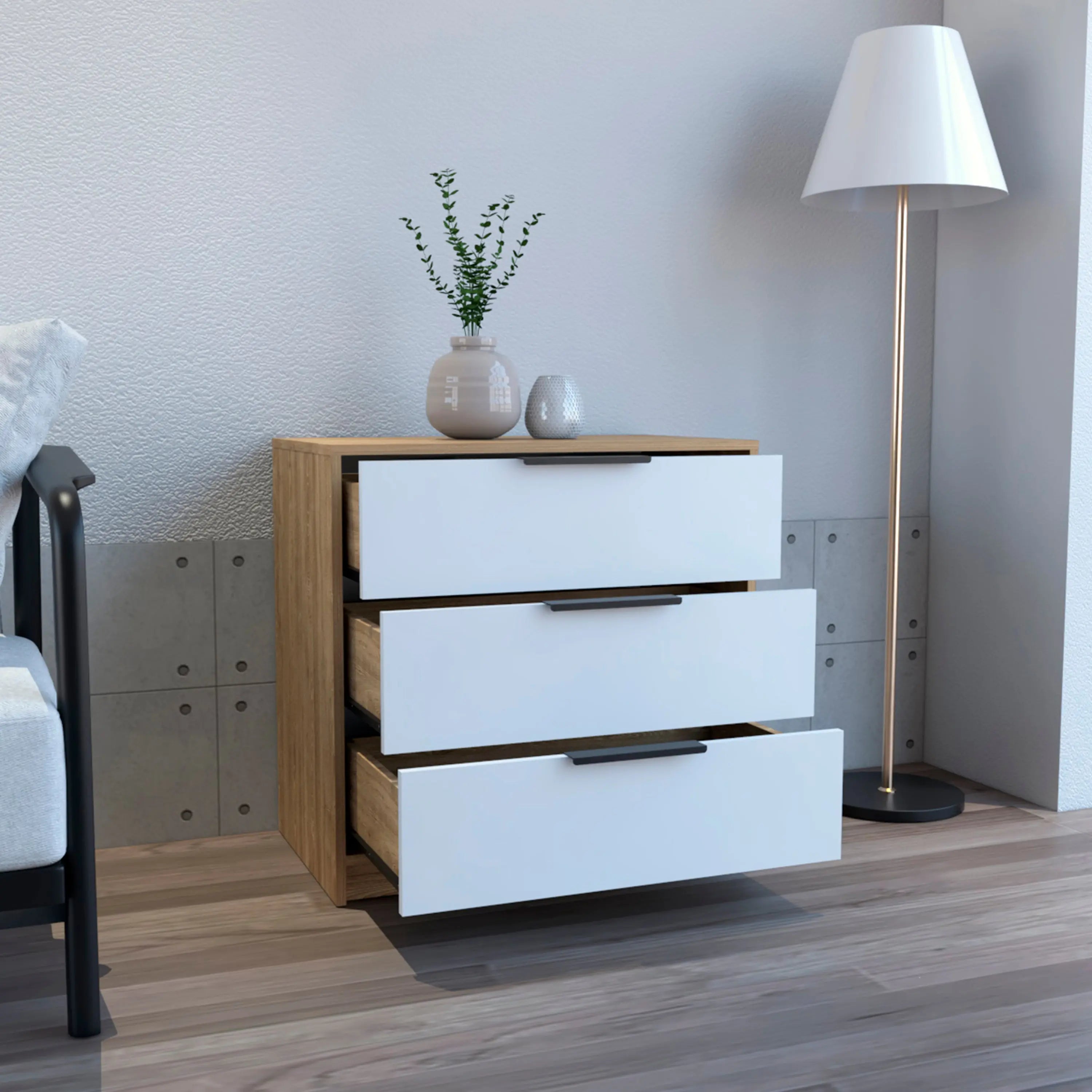 28" White and Natural Three Drawer Dresser Homeroots Bed & Bath