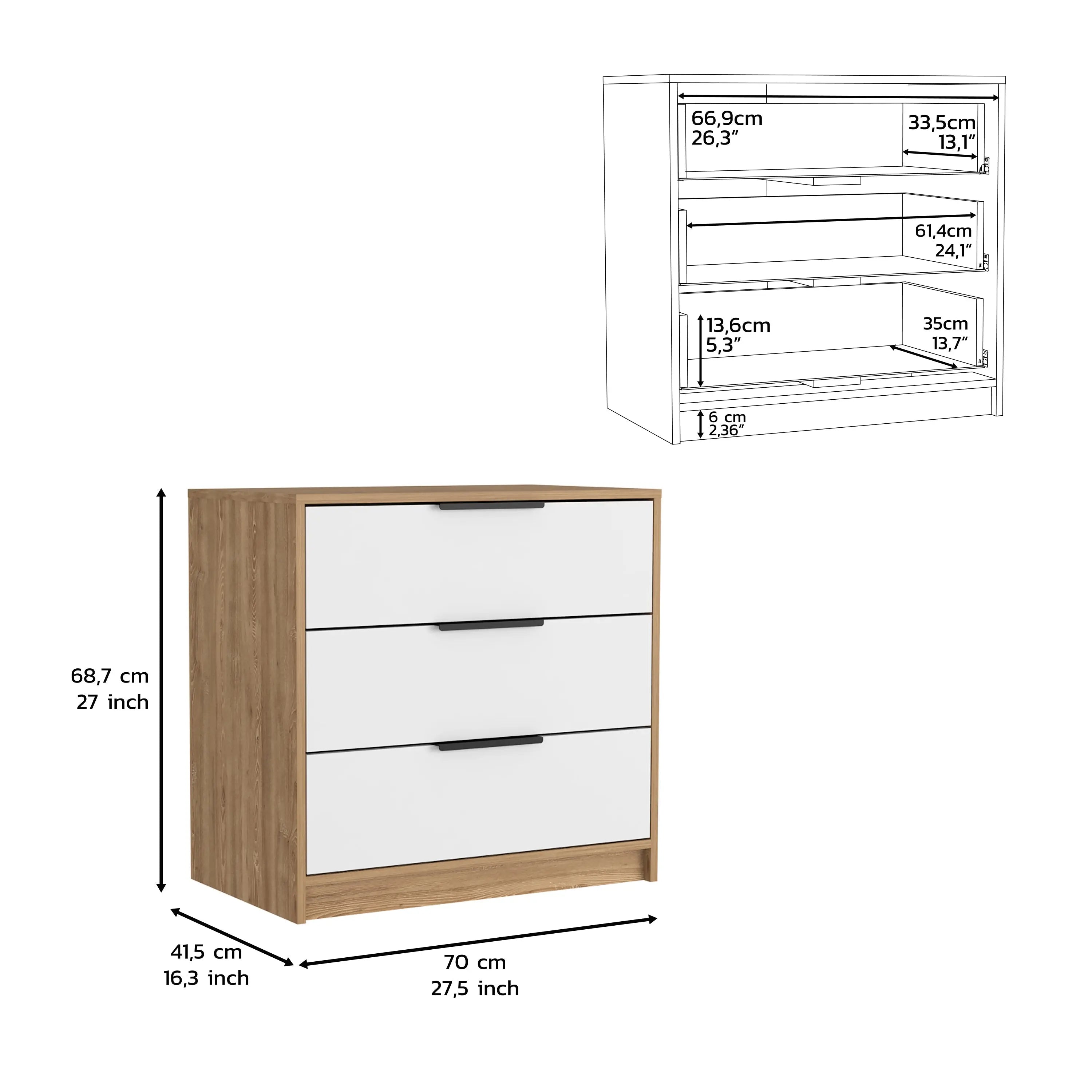28" White and Natural Three Drawer Dresser Homeroots Bed & Bath