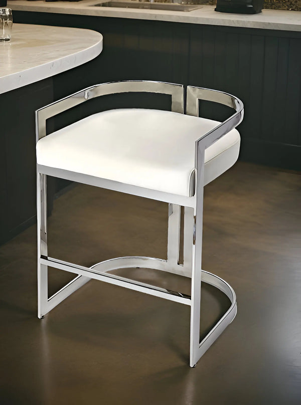 28" White and Silver Stainless Steel and Iron Low Back Counter Height Bar Chair Homeroots Living Room