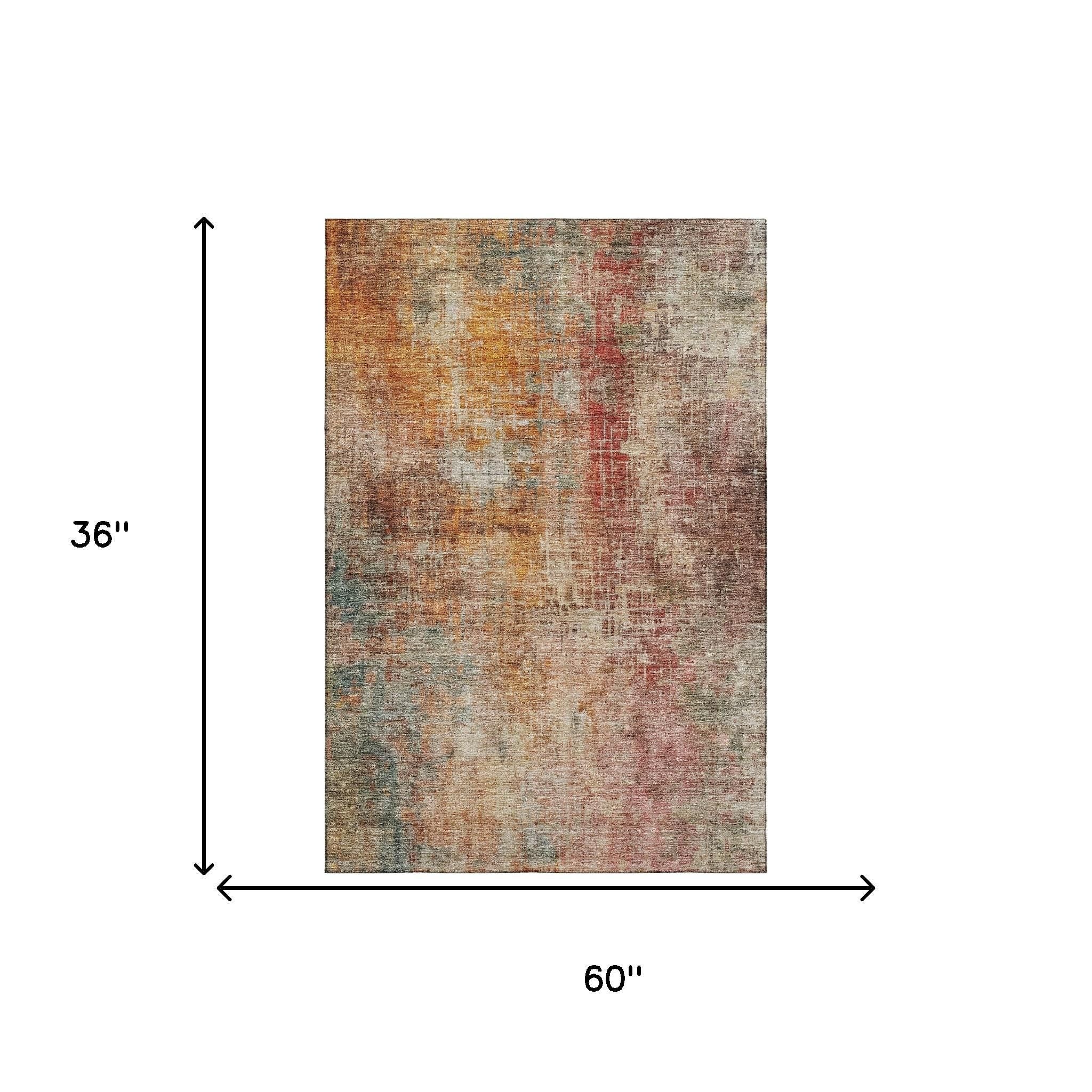 3' X 5' Tan Beige And Red Abstract Washable Area Rug With UV Protection Homeroots Home Decor